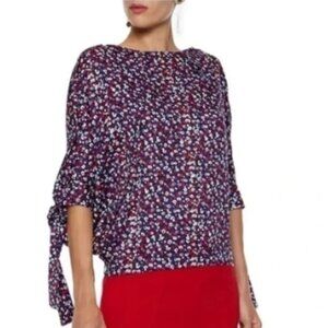 Derek Lam Silk Poppy Print Blouse Size 14 NWT – Raglan Tie‑Cuff Made in Italy